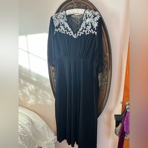 1930s Vintage Black Pleated Ribbon Work Lace Mesh Gown